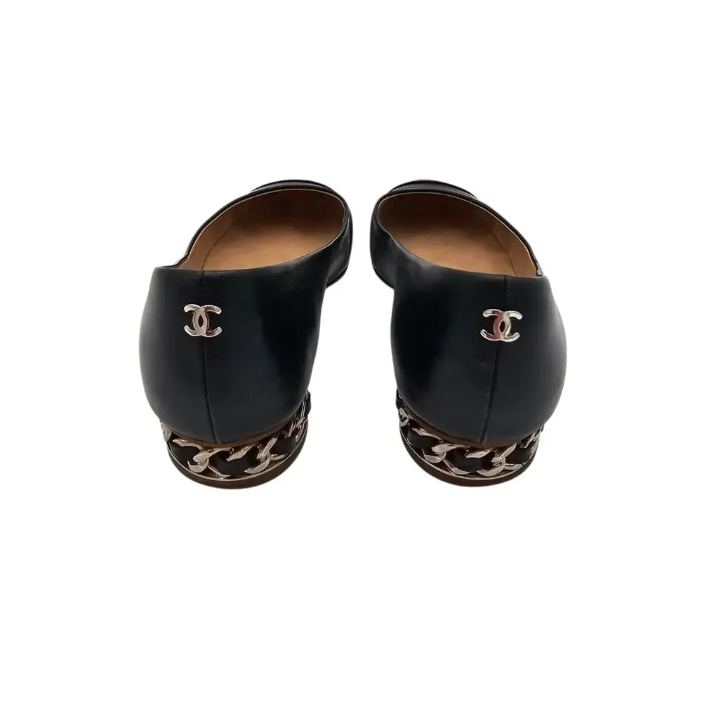 Chanel CC Cap Toe Ballet Flat Slipper Black Leather Chain Size 36.5 US 5.5 6 - Picture 5 of 12